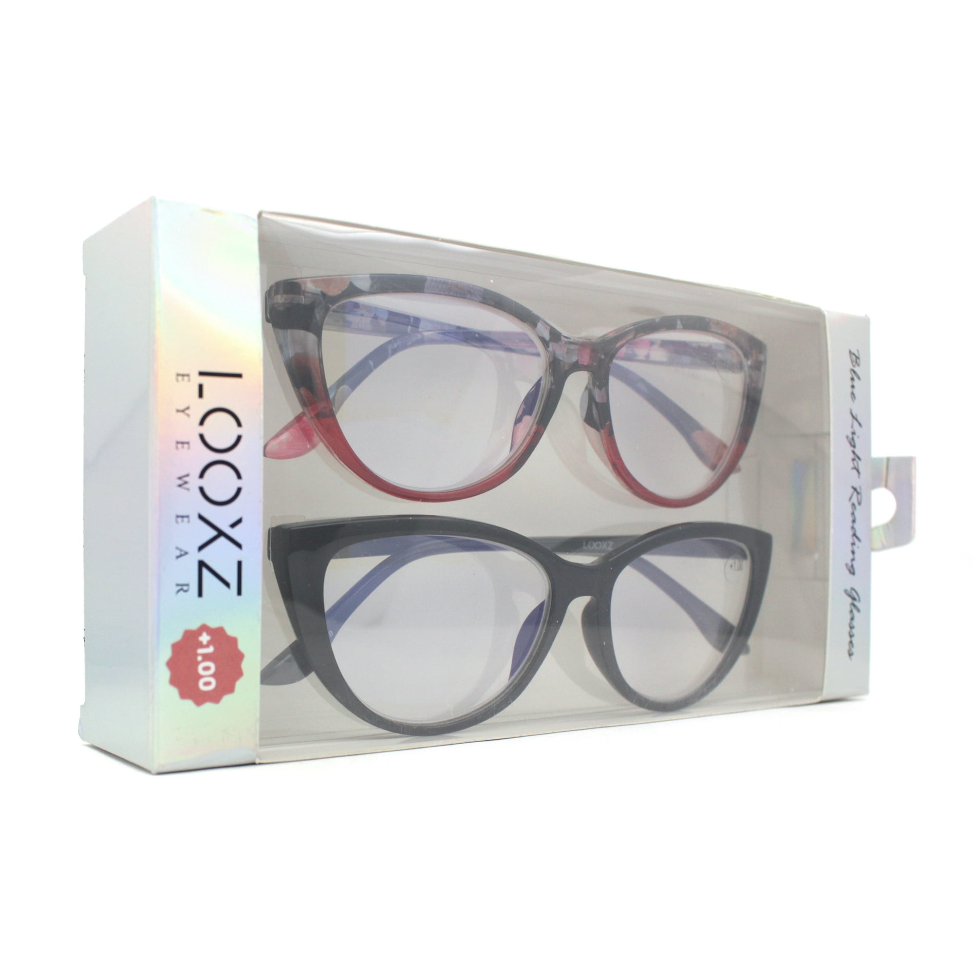 Cat Eye Black, Floral [2 pair] Blue Light Filtering Magnifying Reading Glasses +1.0