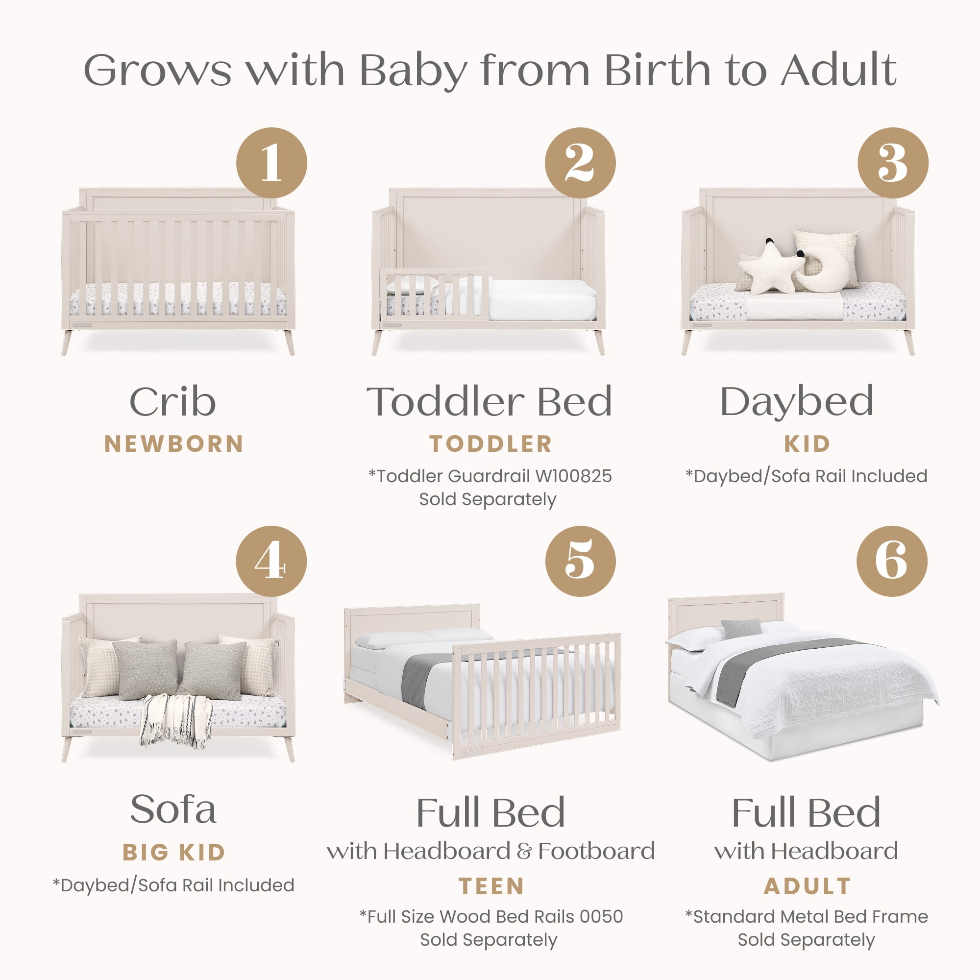 Delta Children Lola 6-in-1 Convertible Crib - Converts from Baby Crib to Toddler Bed, Daybed, Sofa Bed and Full-Size Bed With and Without Footboard, Fits Standard Full-Size Crib Mattress, Soft Beige
