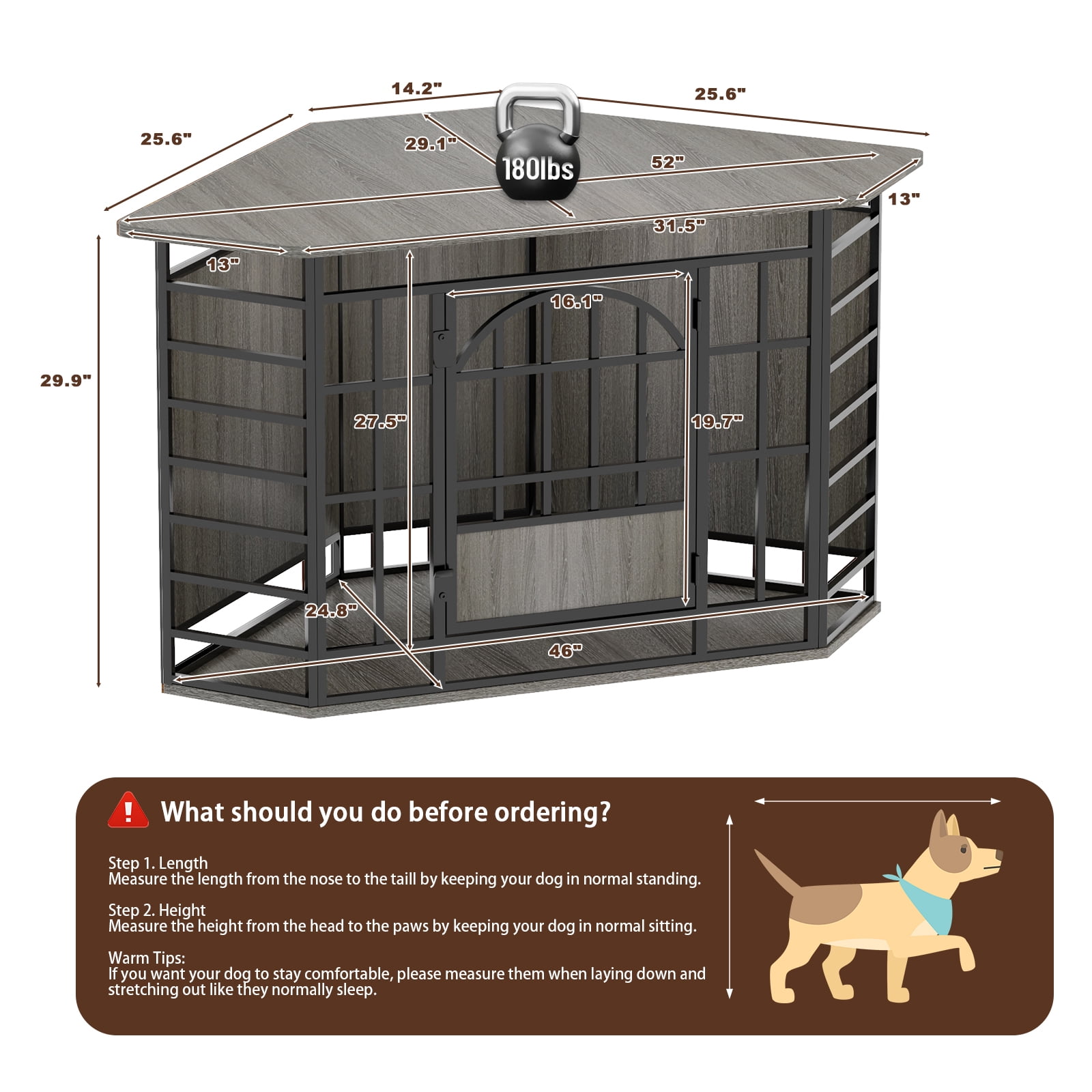 Fowroa 52 Inch Wooden Corner Dog Crate Furniture, Indoor Decorative Dog Kennel for Medium & Large Dogs, Brown