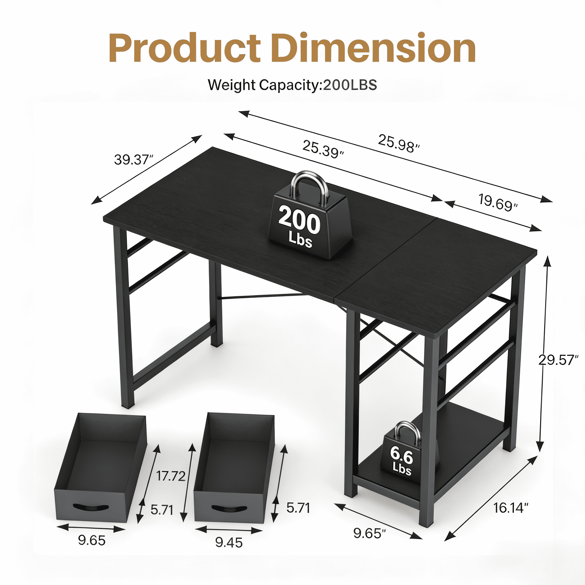 Atilioo 40" Computer Desk, PC Table with 2 Fabric Drawers & Headphone Hook, Sturdy Metal Frame, Easy Assembly for Home Office, Black