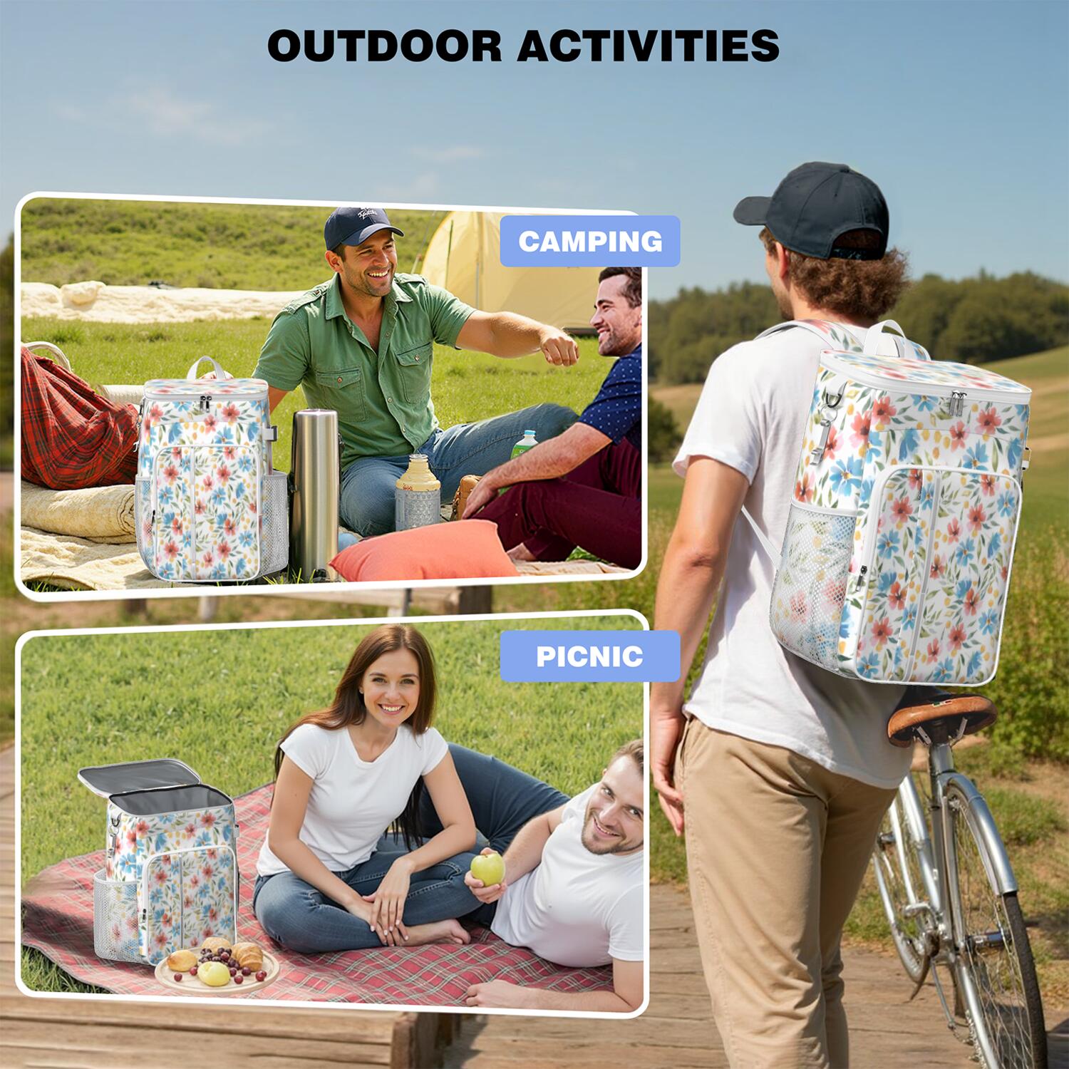 Travel Cooler Bag - Pioneer Flower Floral Print Pattern Camping Beer Cooler Backpack with Bottle Opener- Waterproof Insulated Picnic Backpacks - Cooler Bag for Beach