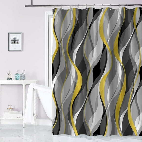 Yellow and Grey Shower Curtain for Bathroom Yellow and Gray Shower Curtain Fabric Modern Abstract Striped Minimalist Bath Curtains Waterproof Shower Curtains Set, Yellow Gray White, 72 x 72 Inch
