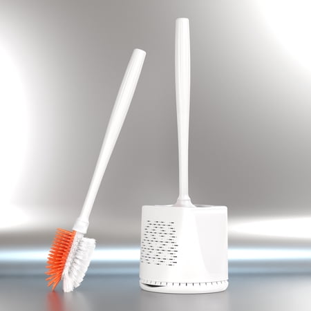Oxdigi Silicone Toilet Brush and Holder- Dual-Sided Design with Head of Silicone and Nylon Bristles Toilet Scrubber, Ventilated Base White Orange