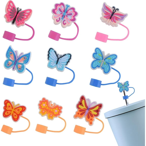 Colorful Butterfly Straw Cover Cap 9PCS Silicone Straw Tip Cap Dust-Proof Reusable Convenient Protective Water Bottle Accessories Straw Decoration Suitable for 9-10mm Straws