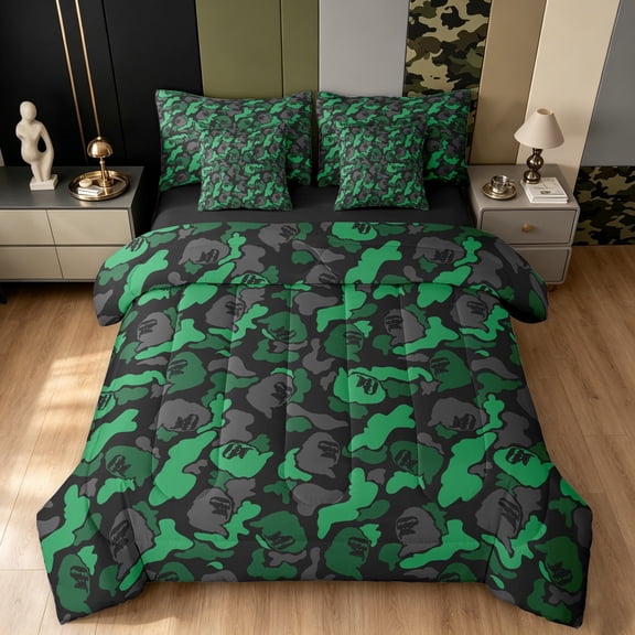 Manfei Retro Gorilla Print Twin Bedding, Countryside Camo Bedding Comforter Set, Ocean Blue, Black Reversible, 7 Pieces