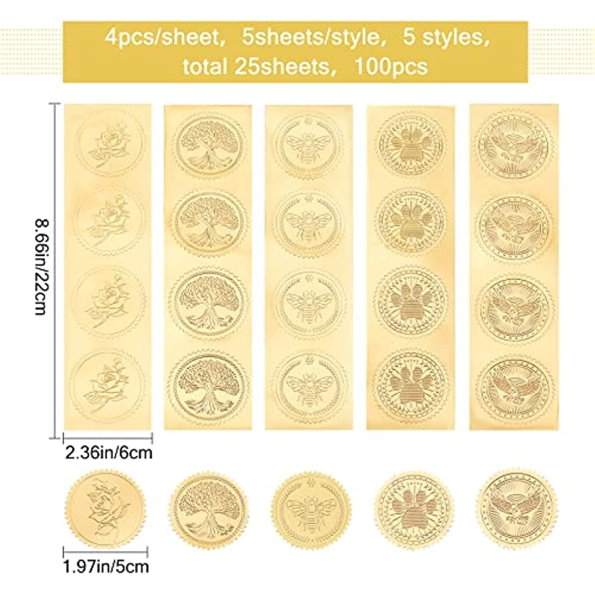 Gold Foil Certificate Seals Bee Self Adhesive Embossed Stickers 100pcs for  Invitations Certification Graduation Notary Seals Corporate Seals  Personalized Monogram Emboss 