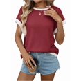 thumbnail image 2 of Women Summer Cap Sleeve Knit Tops Casual Crew Neck Color Block Trendy Tank Top Wine Red L, 2 of 9