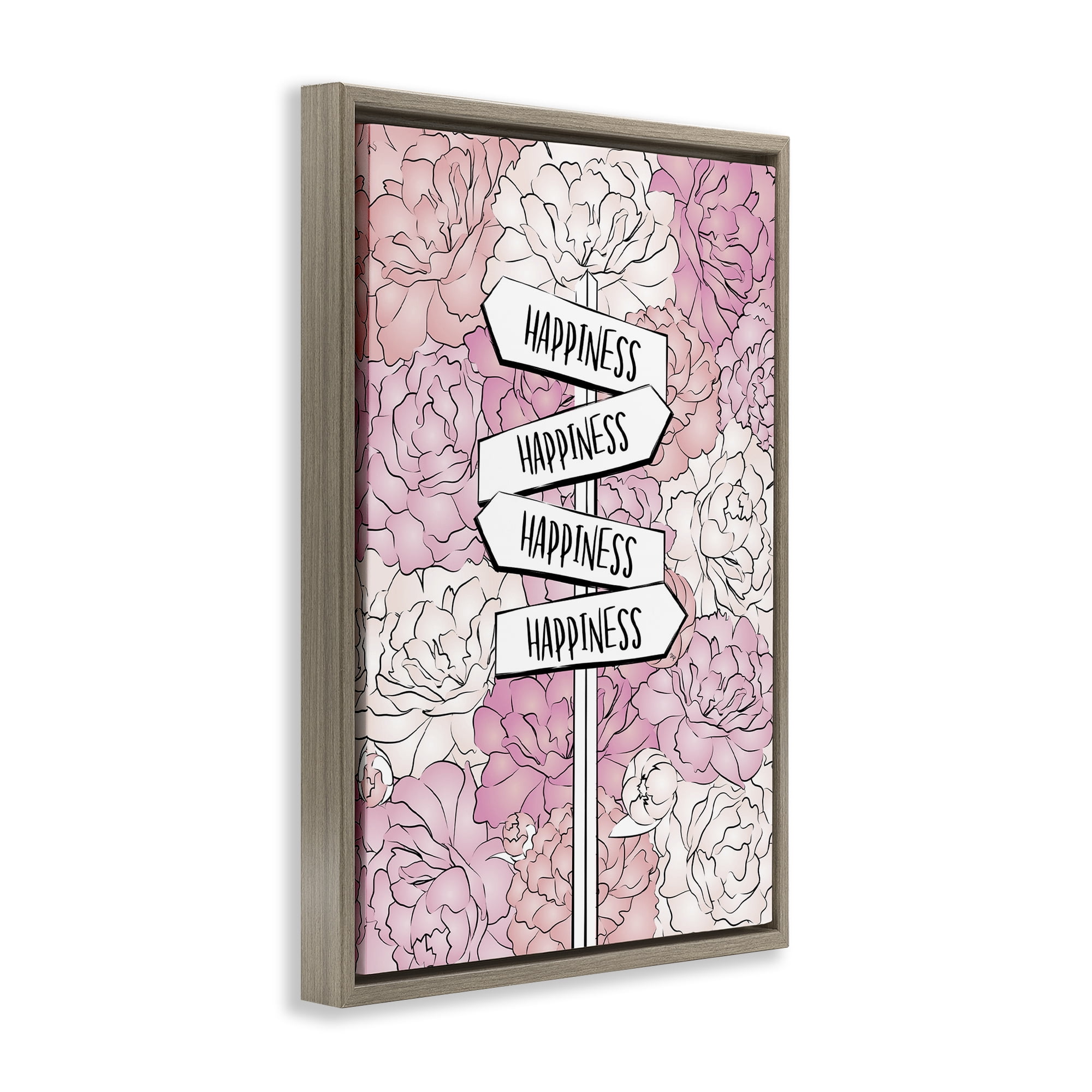 Stupell Industries Happiness Sign on Flowers Beauty & Fashion Painting Brown Floater Framed Art Print Wall Art, 17 x 25