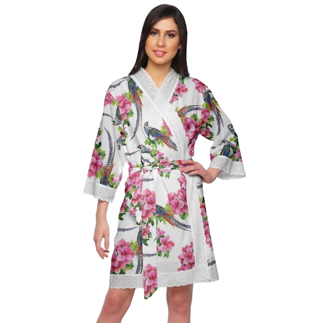 Moomaya Cotton Printed Robe For Women Kimono Getting Ready Bridesmaid Lace Robes