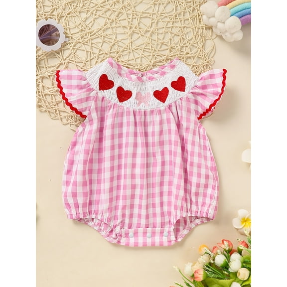 MORTTIC Newborn Baby Girls' Heart Smocked Romper Ruffle Sleeve Plaid Heart Embroidery Jumpsuit Casual Cute Romper