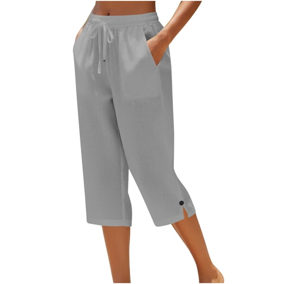 Lumtrix Cotton Linen Capri Pants for Women Baggy Straight Leg Drawstring Elastic Waist Cropped Pant Casual Summer Slit Hem Trousers With Pockets Gray 3XL