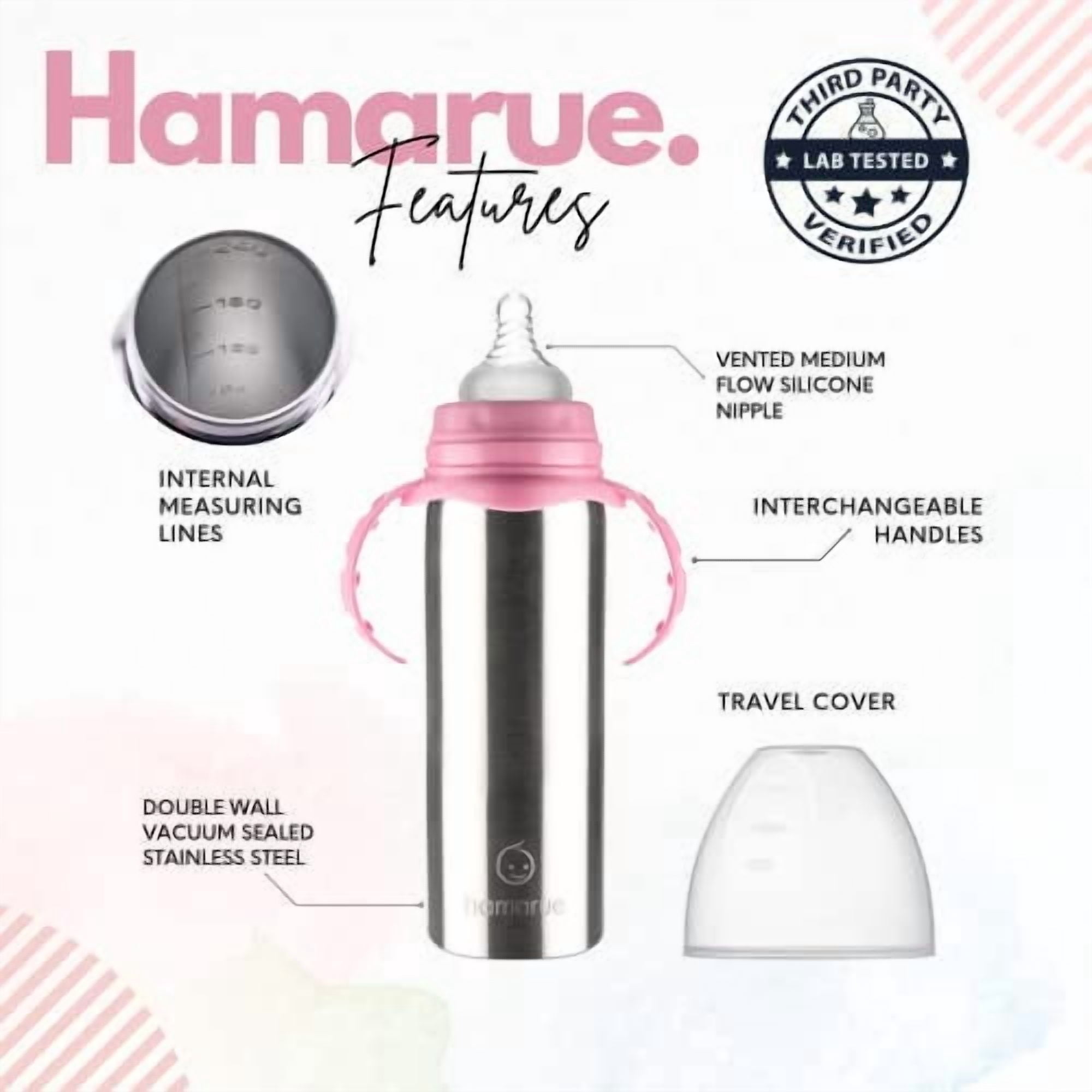 Hamarue 3-in-1 Stainless Steel Sippy Cups for Babies & Toddlers | Non-Toxic Insulated Baby Bottle | BPA-Free | Ages 3M+ | Evolving Feeding Solution