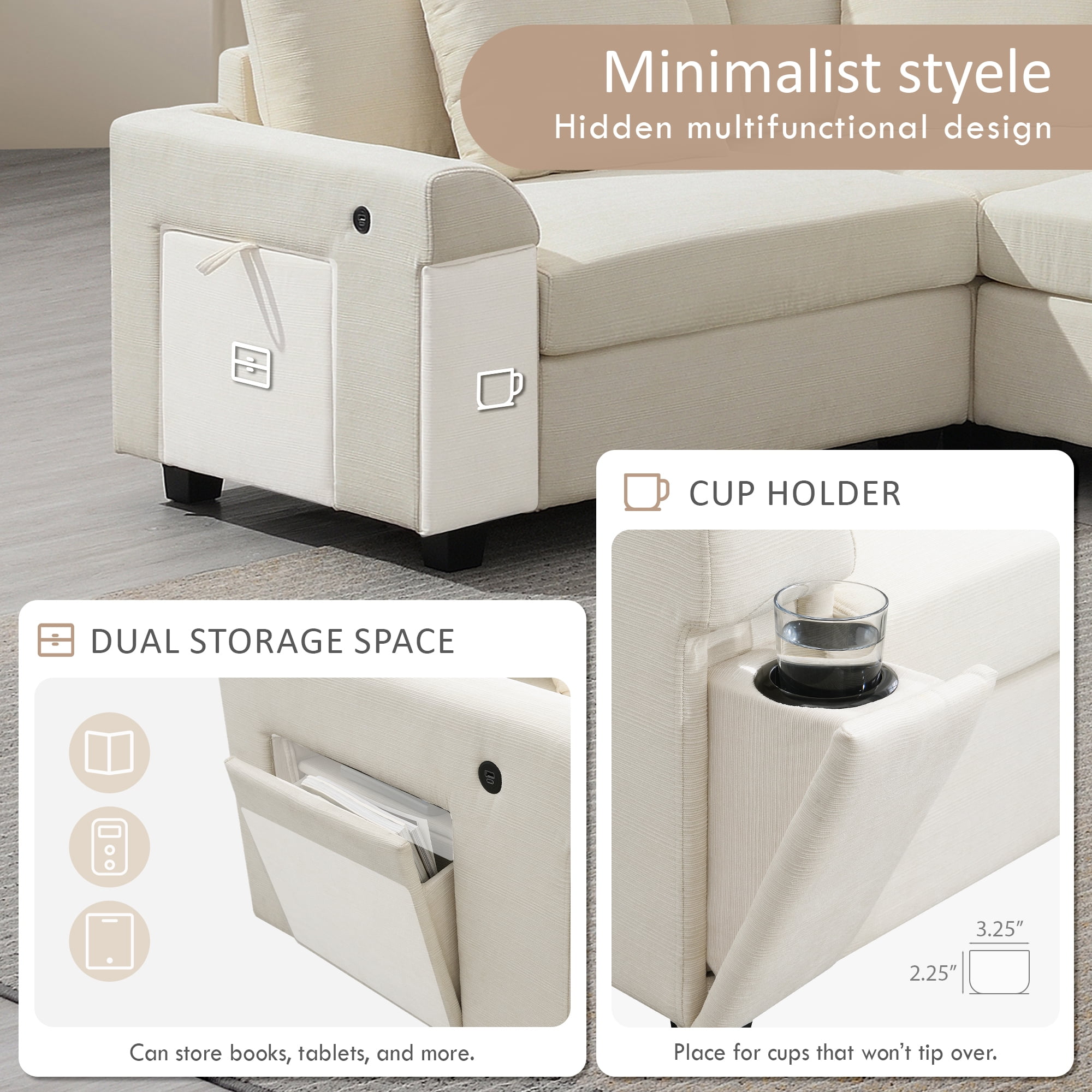 Sectional Sofa, U-Shape Sofa, Chenille Couch, 6-Seater Couch with Oversized Ottoman and Armrest Storage for Living Room, Off White