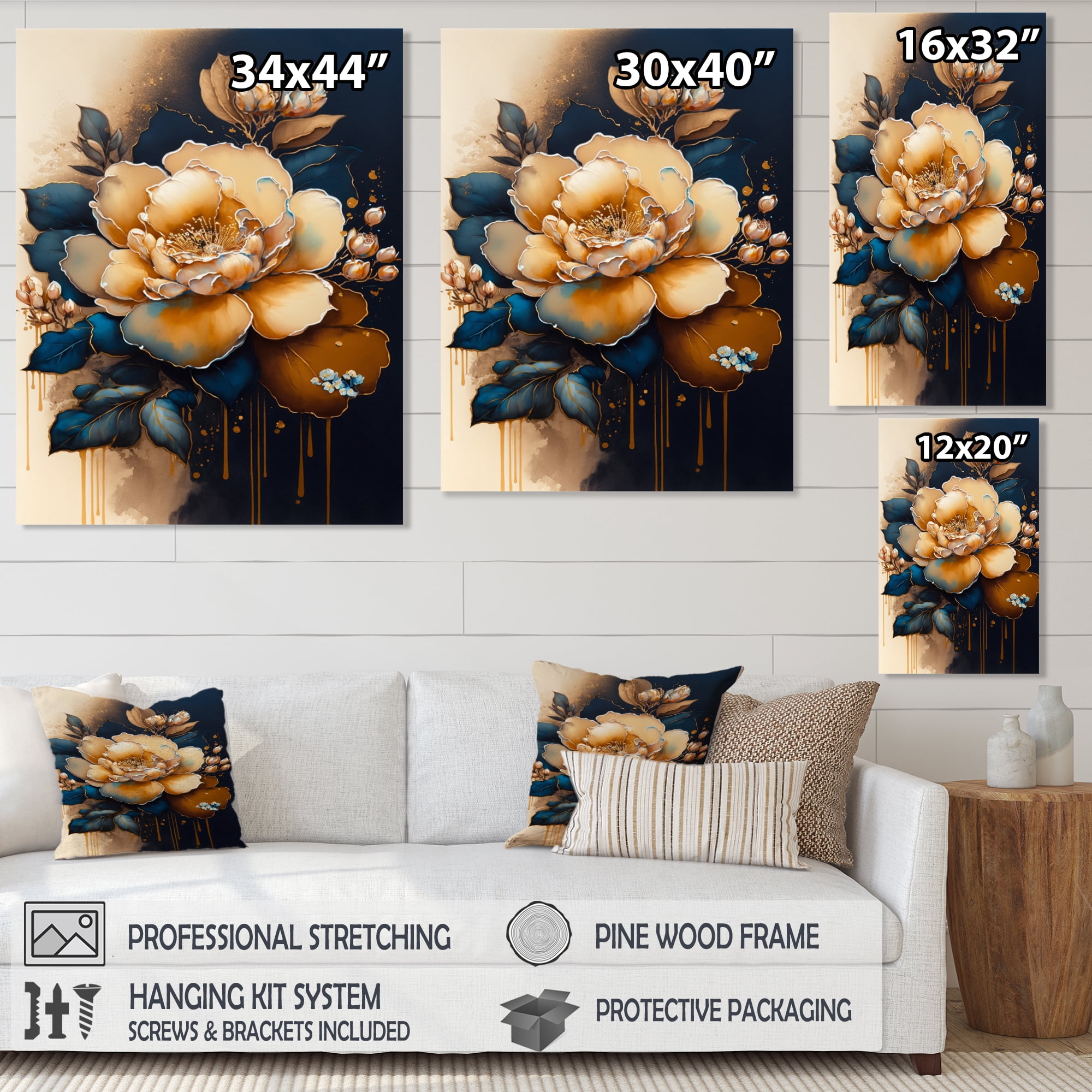 Designart Yellow And Dark Blue Camellia Flower II Canvas Wall Art