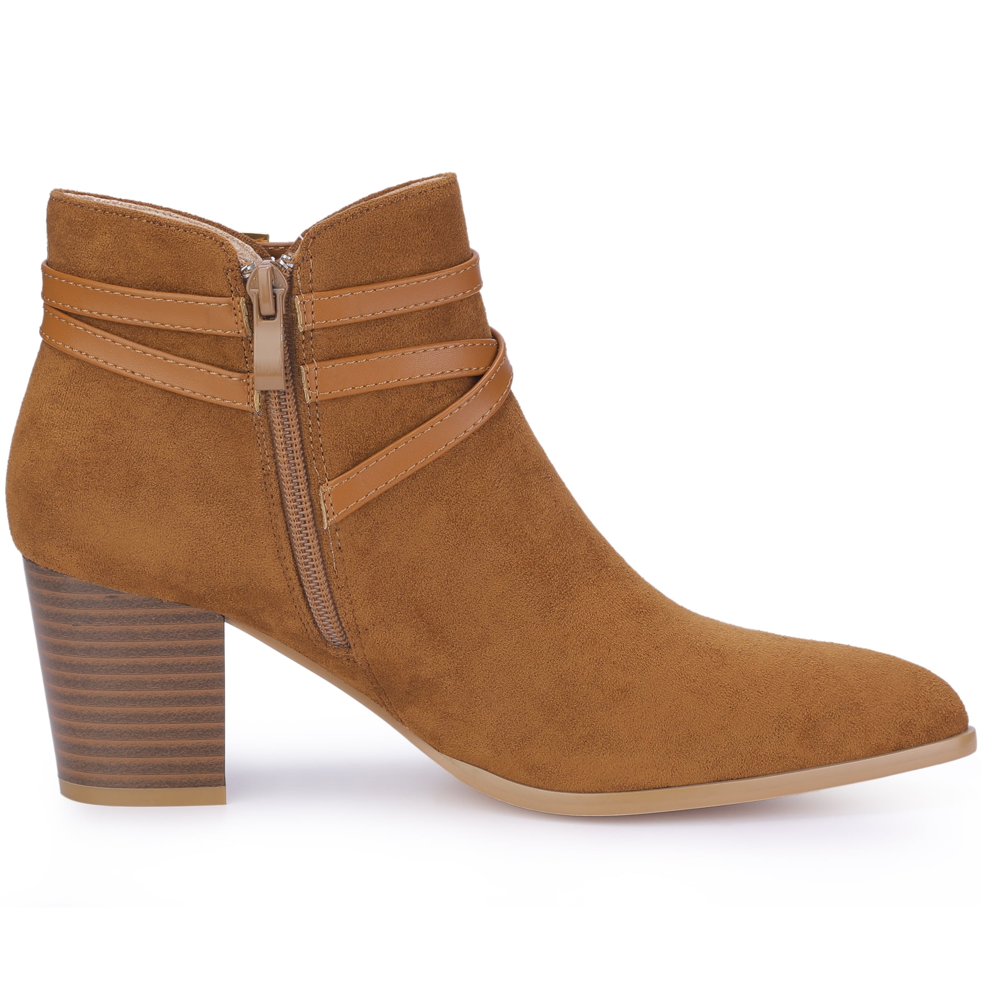DARING DIVA Strappy Pointed Toe Buckle Chunky Heel Ankle Booties Brown 7
