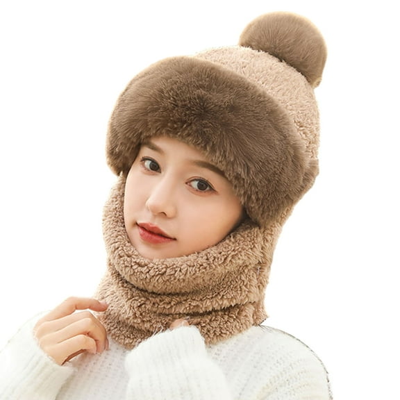 comerut Women Winter Beanie Hat with Scarf Warm Knitted Windproof Padded Thickened Cycling Integrated Hat Scarf
