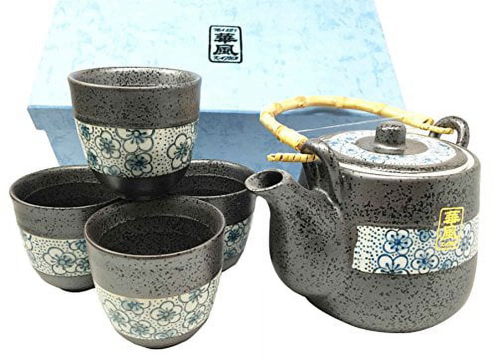 Made In Japan Tombo Dragonfly Blue Glazed Ceramic Tea Pot and Cups