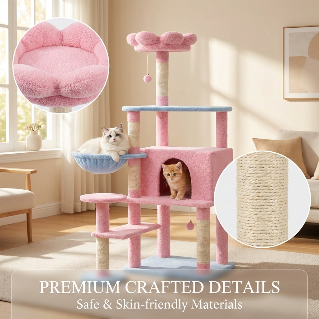 Flower Cat Tree With Large Condo Removable Flower Cushion and Hammock, Pink