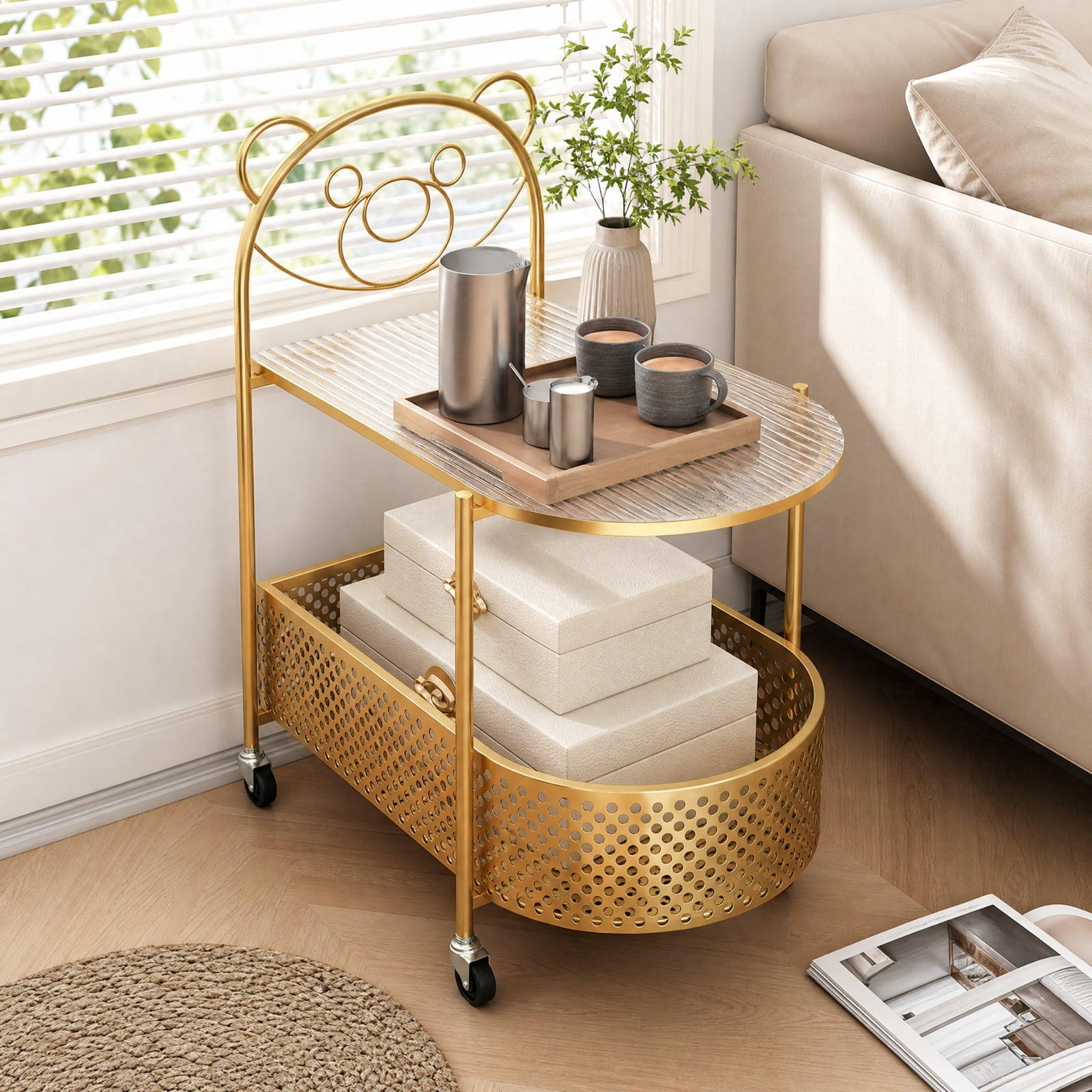 Furnibear 2 Tier Mobile Glass Coffee Table with Rolling Casters and Bear Pattern Storage Basket for the Small Living Room, Golden