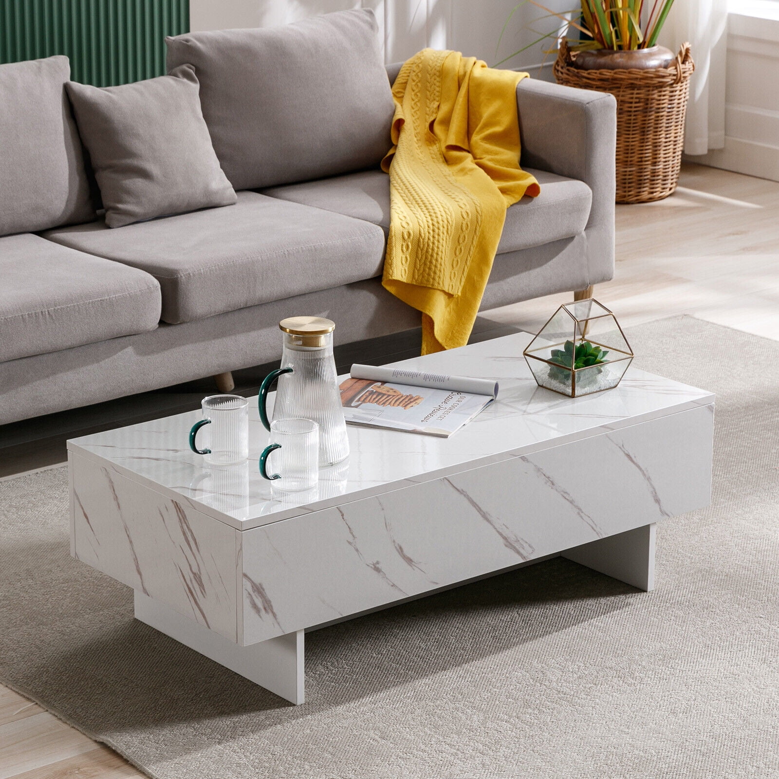 COSVALVE Rectangle High Gloss White Marble Coffee Table 42.5"x20.9"x12.2"