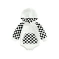 thumbnail image 1 of Qmyliery Baby Boys Girls Romper, Long Sleeve Hooded Plaid Patchwork Casual Bodysuit with Pocket,0-24 Months, 1 of 8