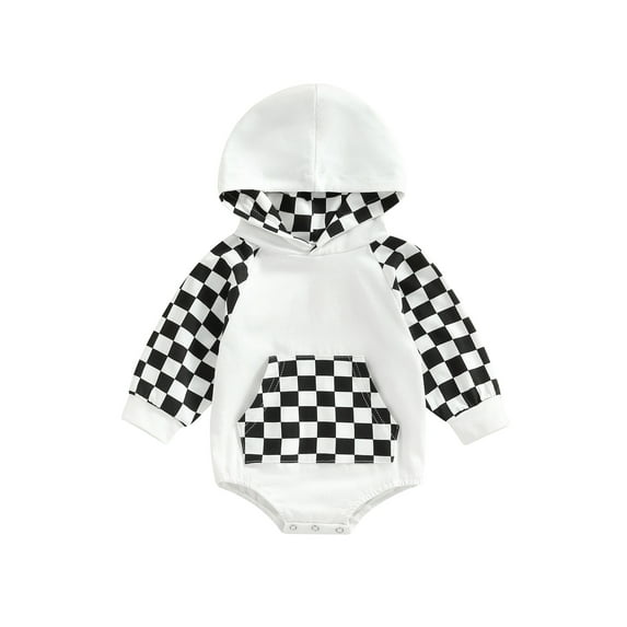 Qmyliery Baby Boys Girls Romper, Long Sleeve Hooded Plaid Patchwork Casual Bodysuit with Pocket,0-24 Months
