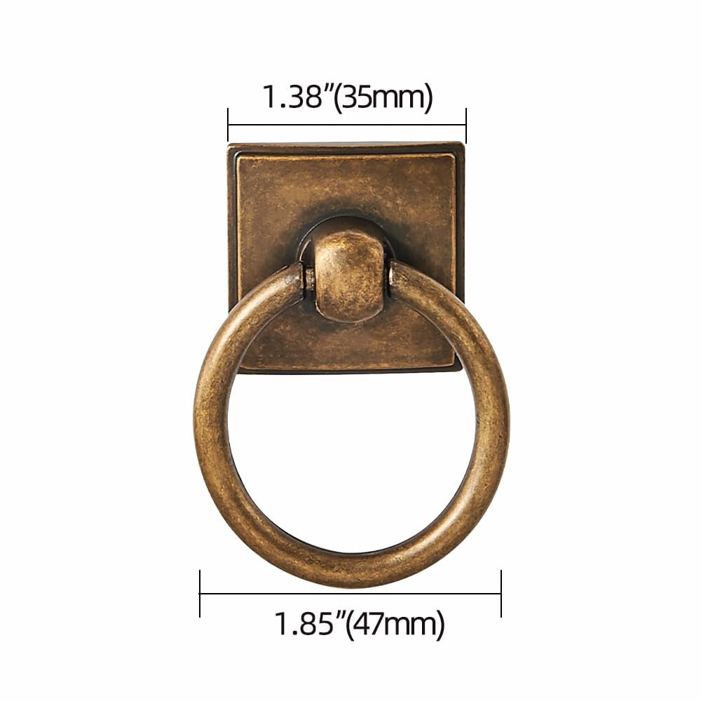 2-Pack 1.9 Inch Ring Cabinet Knobs - Vintage Antique Brass Backplate for Drawer knobs for Dresser, Kitchen Cabinets - Durable Zinc Alloy Hardware.