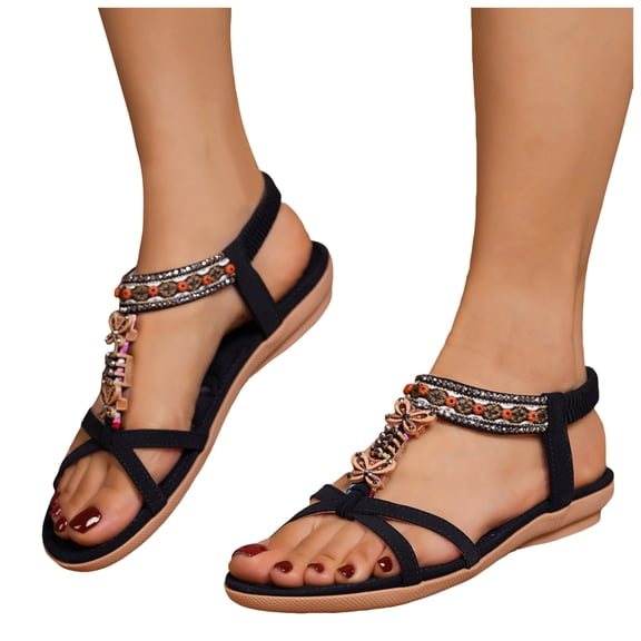 Rokment Women's Boho Beach Flat Dress Sandals 2026 Summer Ethnic Butterfly Embroidered Wedge Low Heel Slingback Dressy Sandals for Woman Vacation Black Size 6.5