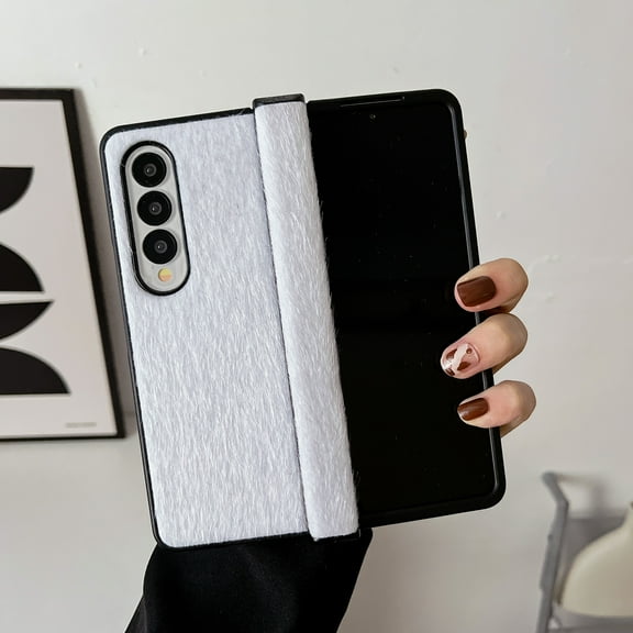 ELEHOLD for Samsung Galaxy Z Fold 3 Mink Horsehair Hinge Protection Case, Slim Fit Lightweight Raised Frame Camera Lens Protection Anti-Scratch Dustproof Case for ZFold 3 7.6 inch,White