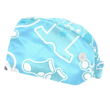 

2PCS Working Cap with Buttons and Sweatband Adjustable Tie Back Hats Bouffant Caps Panda Scrub Turban Hat