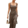 thumbnail image 2 of Women'S Summer Square Collar Sleeveless Tank Dress Sexy- Double Lined Bodycon Maxi Long Dresses Khaki L, 2 of 9