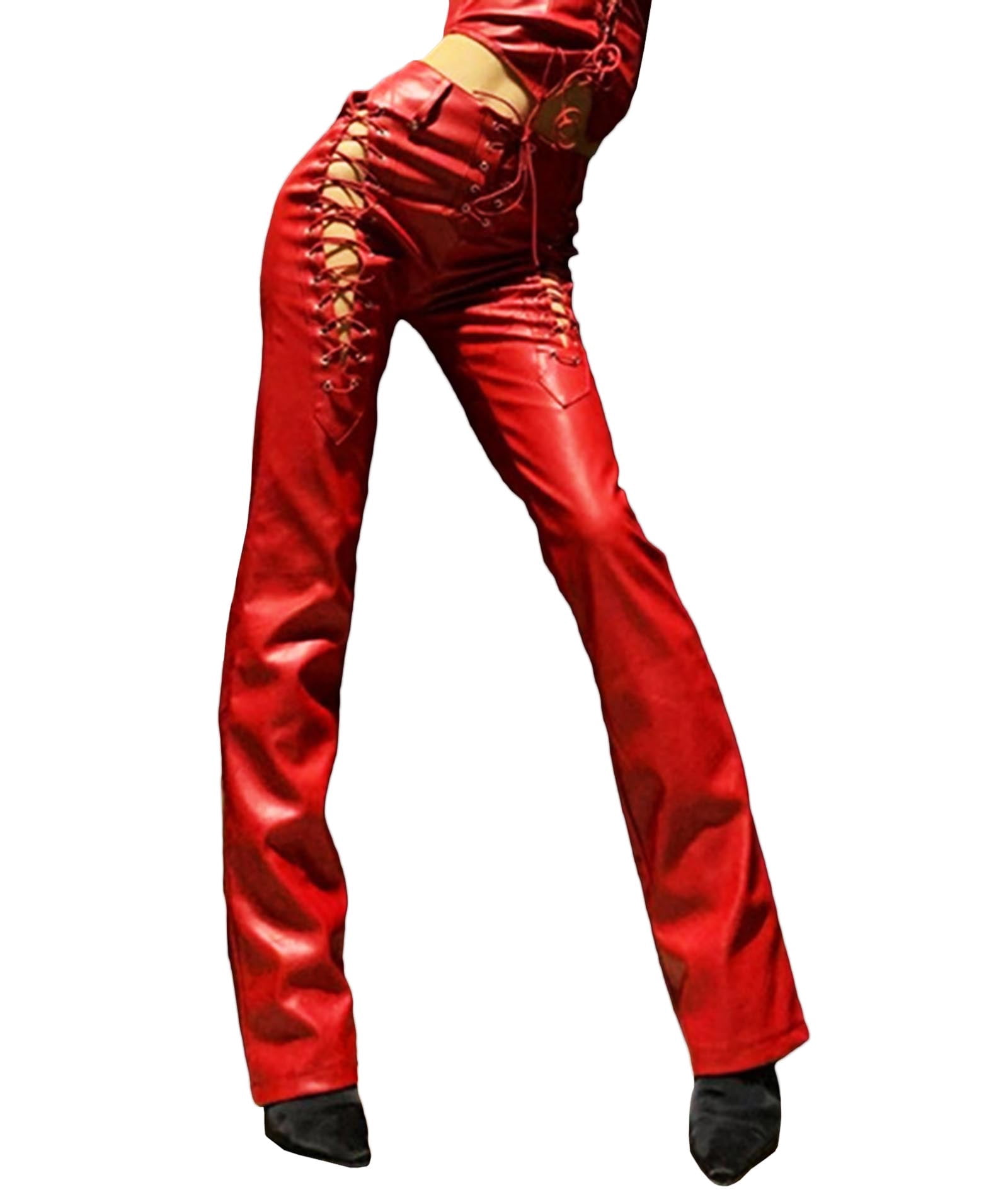 XXXITICAT Women's Lace Up PU Faux Leather Pants High Waist Hollow Out Drawstring(RE,XL)