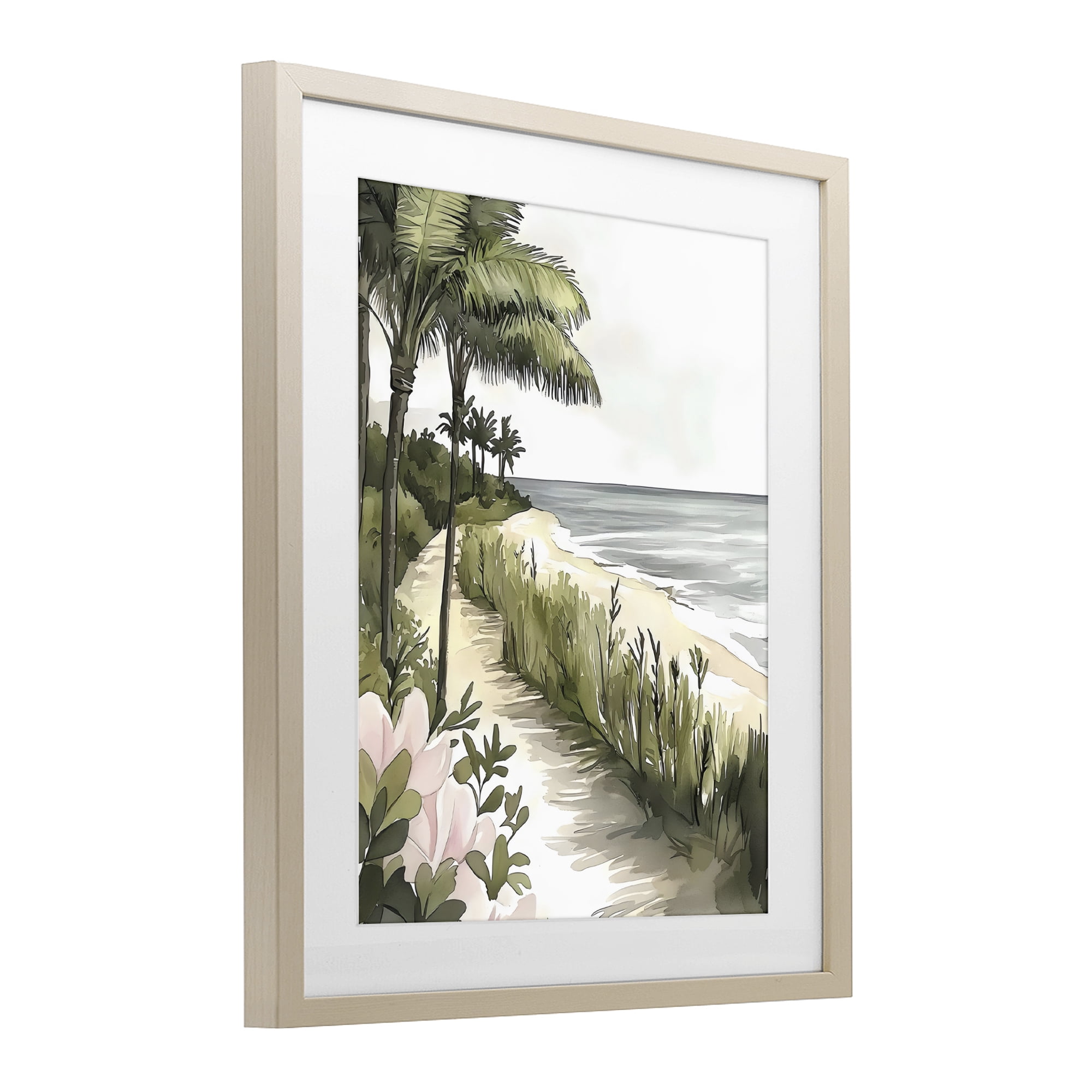 Stupell Industries Coastal Calm Palm Tree Pathway Birch Framed Print Under Glass, design by Riley B