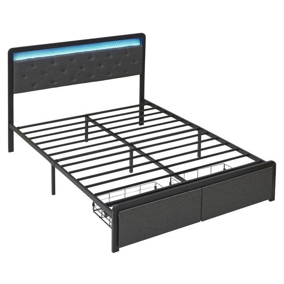 Queen Bed Frame, Platform Bed Frame with LED Lights, Upholstered Bed Frame with 2 Storage Drawers, Metal Bed Frame with Button Tufted Headboard, Heavy Metal Slat Support, Noise Free