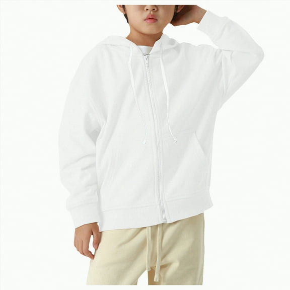 UAYOTSE Sweatshirt Color Solid Zip Long Hoodie Top Boys Sleeve Up Girls Kids Boys Coat&(Style4-White,7-8 Years)