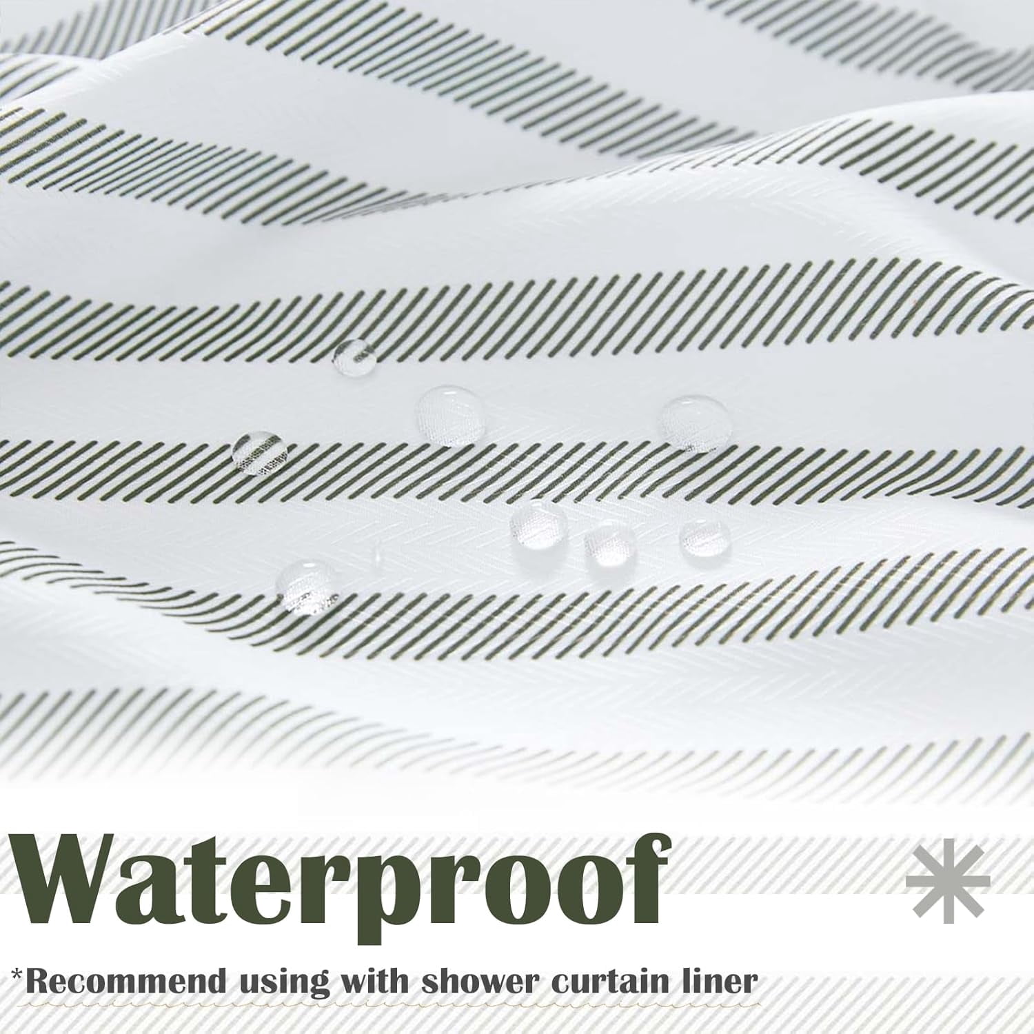 White Shower Curtain with Greenblack Stripes Waterproof Fabric Shower Curtain for Bathroom Modern Neutral Farmhouse Shower Curtain 70x72 inches with Hooks Shower Curtains Set Spa Hotel Dorm