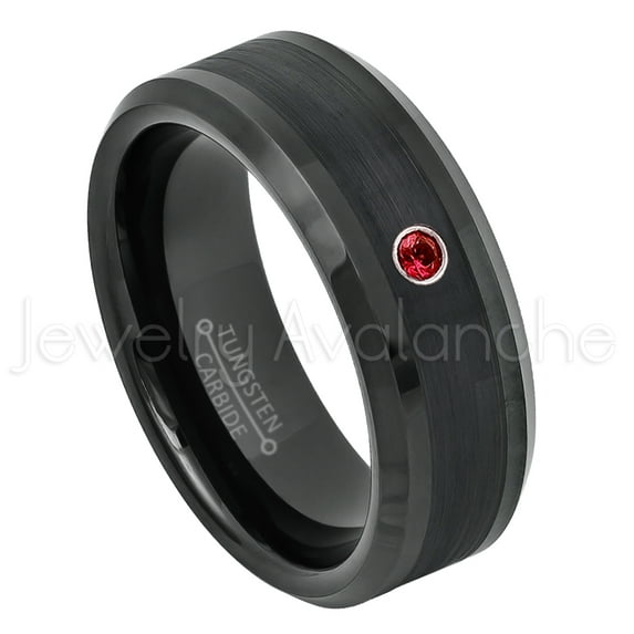 Black Tungsten Ring Beveled Edge - 0.07ct Solitaire Garnet Ring - Personalized Tungsten Wedding Ring - Custom Made January Birthstone Ring TN663BS