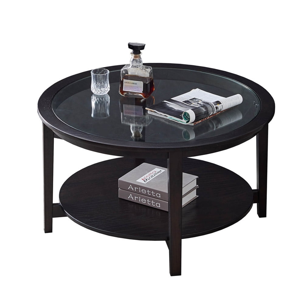 36 Inch Tempered Glass Round Coffee Table Solid Wood Open Shelf