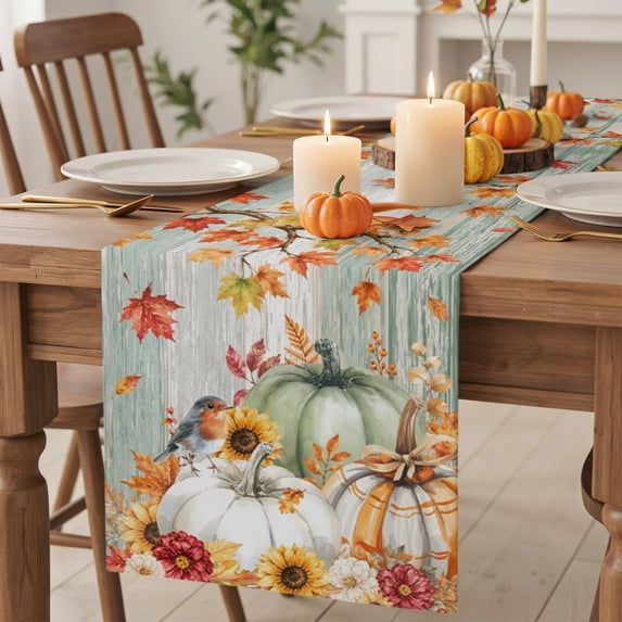 Table Runner 48 Inches Long, Fall Maple Leaf Decorative Table Runner for Party Wedding Home Decor, Thanksgiving Pumpkins Squirrel Green Wooden Dresser Scarves for Bedroom Kitchen Decor 13x48 Inch
