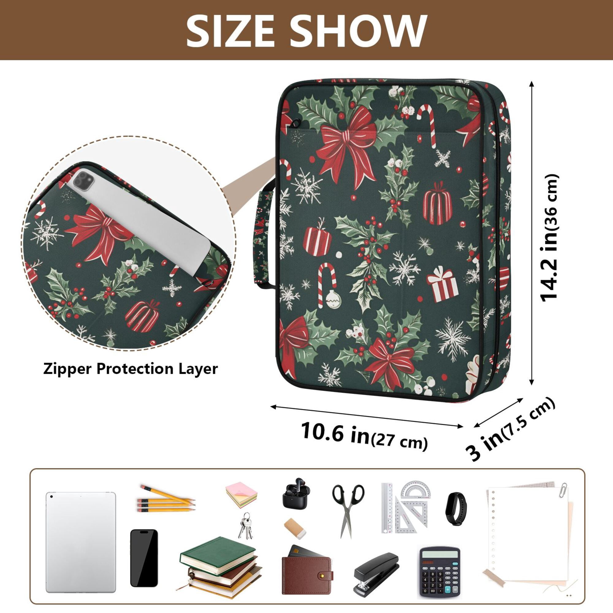 FORMRS Accordion File Folder A4 Size 7-Pocket Expanding Document Organizer Bag with 3 Ring Binder, Green Christmas