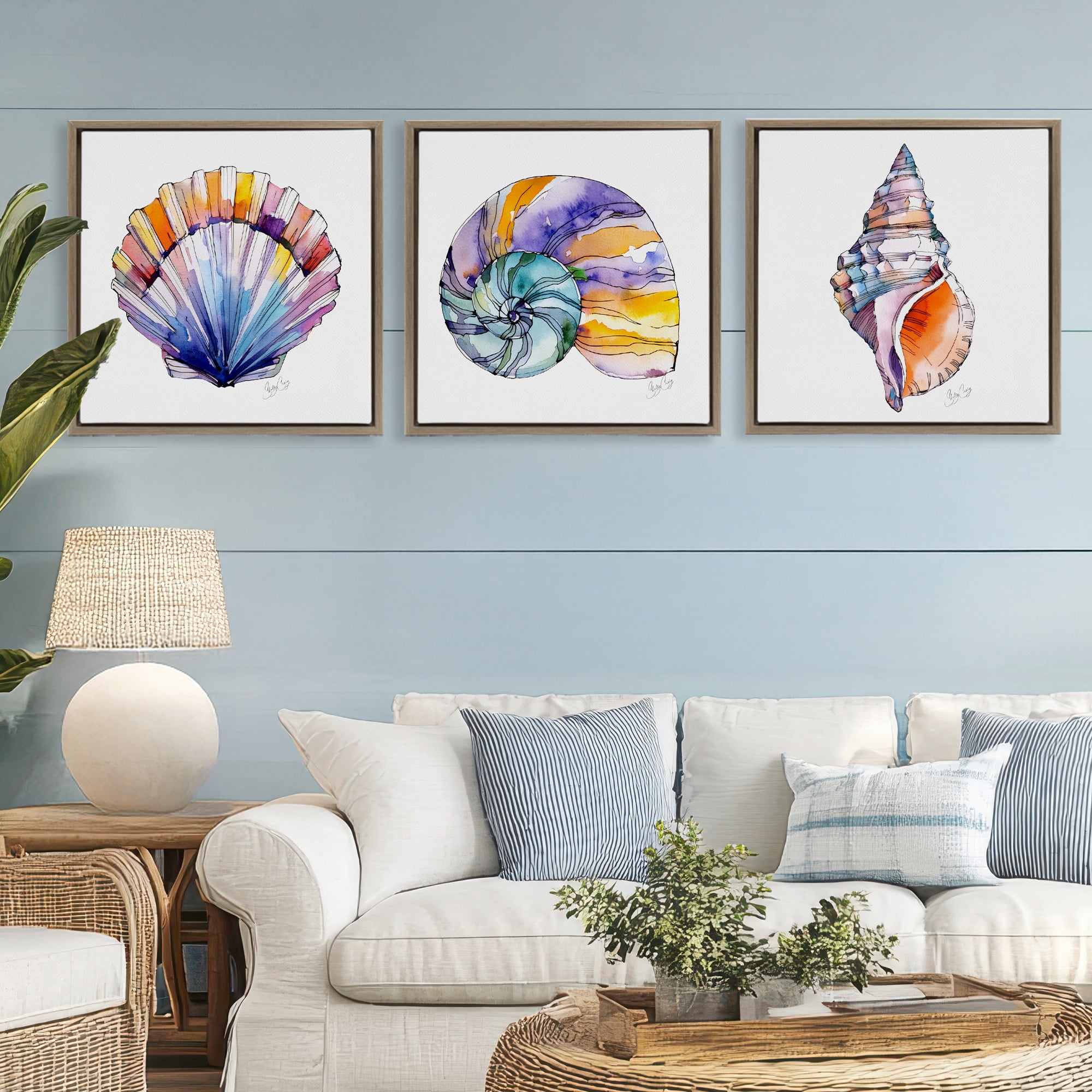 Stupell Industries Sunlit Seashells Watercolors 3 Piece Brown Framed Floater Canvas Set, design by Shelly Craig