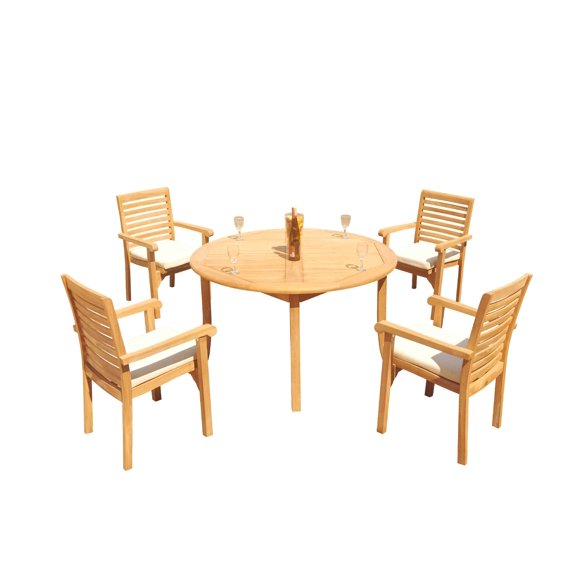Grade-A Teak Dining Set: 4 Seater 5 Pc: 52" Round Table And 4 Hari Stacking Arm Chairs Outdoor Patio WholesaleTeak #51HR1105