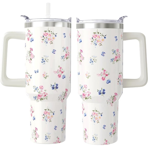 Floral Tumbler With Handle and Straw, 40 oz Leakproof Stainless Steel Insulated Tumbler, Cup Holder Friendly, Birthday Mothers Day Gifts for Women Who Loves Floral, Travel Coffee Mug Water Bottle
