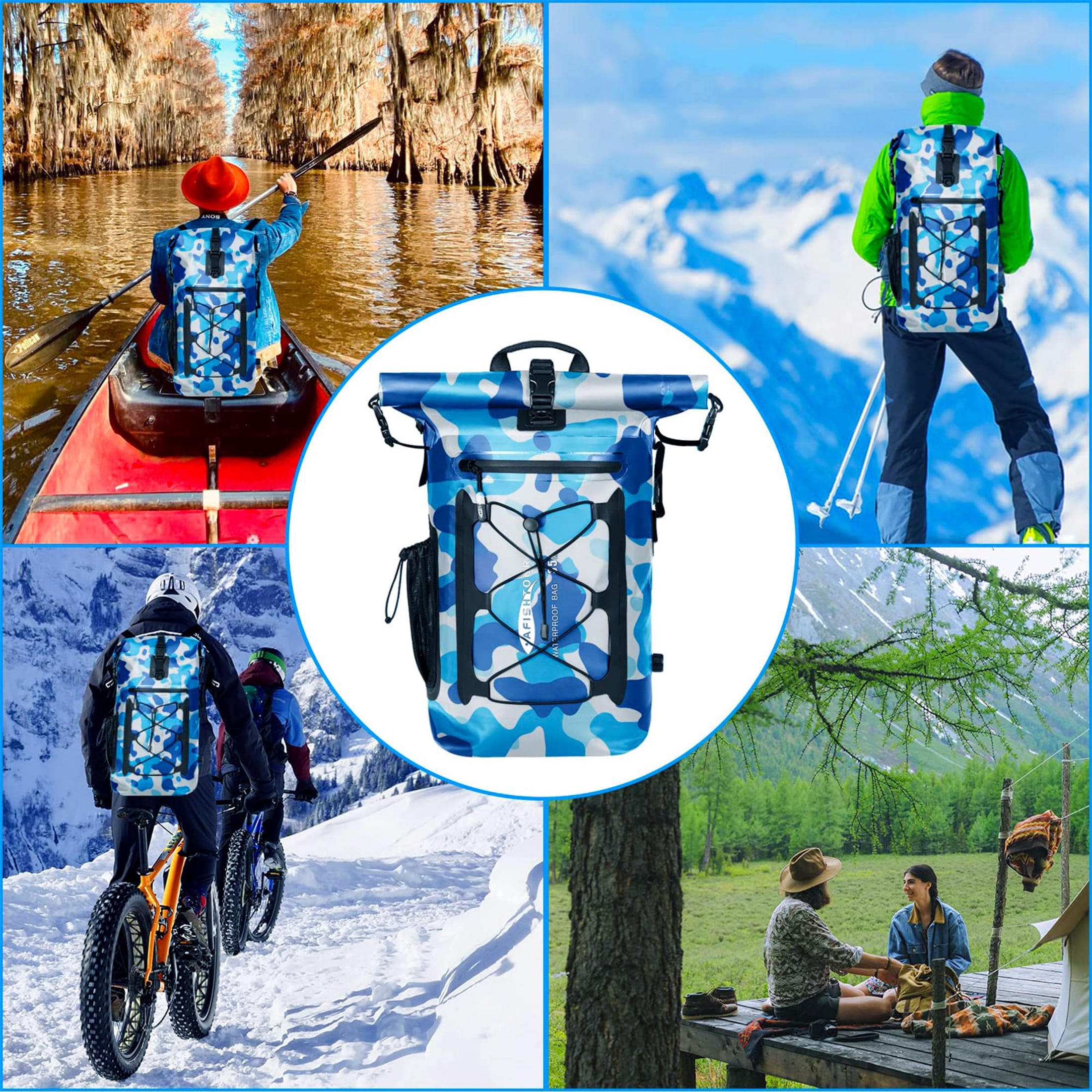 AFISHTOUR Dry Bag Waterproof Backpack, 35L Roll Top Floating Dry Backpack for Kayaking, Hiking, Camping, Travel (Blue)