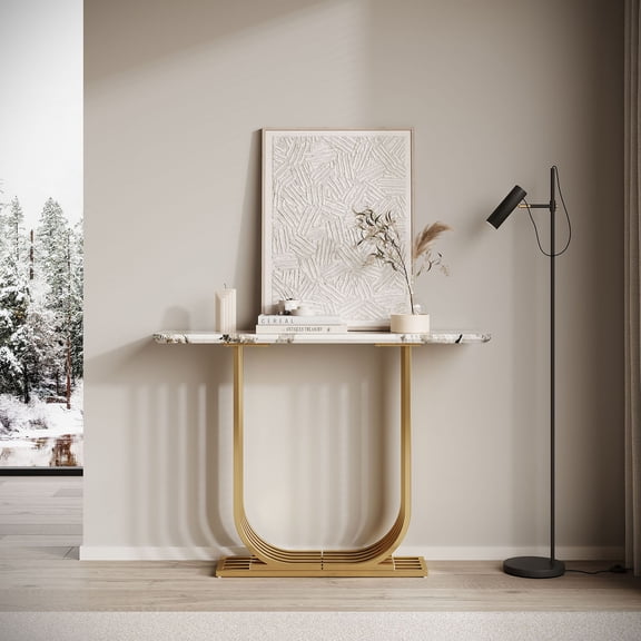 S-HOME 43.3-Inch Narrow Console Table with Modern Wooden Imitation Marble Top for Living Room and Bedroom Décor