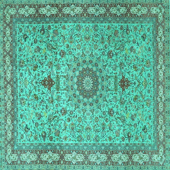 Ahgly Company Machine Washable Indoor Square Medallion Turquoise Blue Traditional Area Rugs, 4' Square