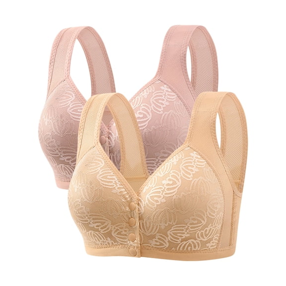 WREESH 2 Pack Push-Up Bra Adaptive Bra Women No Underwire Bras Printed Gathered Middle Button Breathable Underwear Daily Bra Underwear Beige