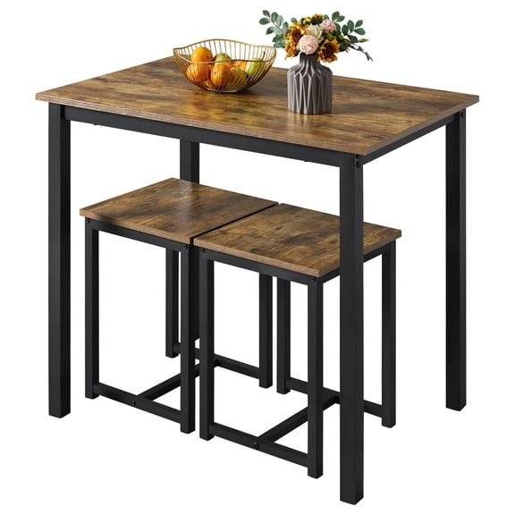 Compact 3 Piece Dining Table Set, Kitchen Table and Chair Sets for 2 with Space Saving Design, Small Breakfast Nook Table with 2 Stools for Apartment, Rustic Brown