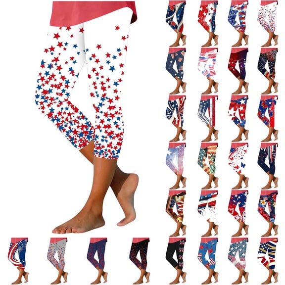 NSLGXD 4th of July Summer Leggings for Women Star Print Stretch Slim Fit Jogging Running Capris Workout Activewear Lounge Capri Pants S-3XL