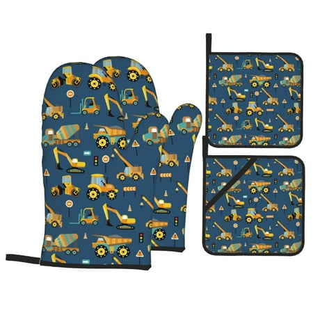 

Oven Mitts and Pot Holders 4 pcs Set Modern excavator C Heat Resistant Pot Holders Oven Mitts for kitchen Non-Slip Hanging Loop Oven Glove Potholders for Baking Cooking